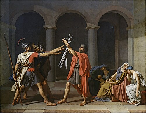 <p><span style="line-height: 19.425px;">Provide an interpretation of Jacques-Louis David’s <em>Oath of the Horatii </em>(1784). Your answer should address the painting’s theme (including the three women and the children to the right), style, and relevance in the context of the French revolution.</span></p>