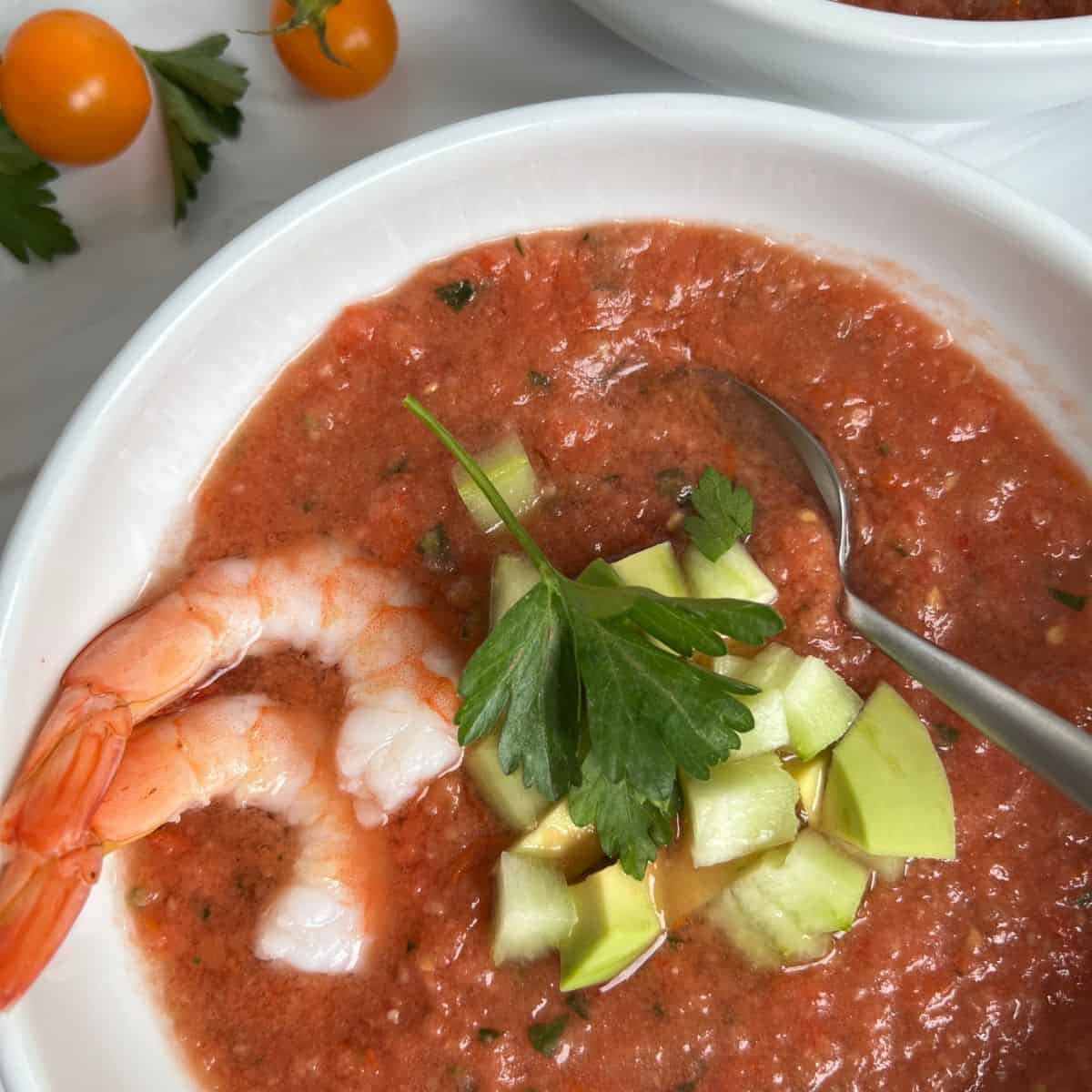 <p>Soup Chilled tomato-based soup with cucumbers &amp; grilled shrimp for $$17$$.</p>