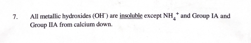 <p>Insoluable except for: <span>They are soluble when combined with </span><strong>NH</strong><span><strong>4+</strong></span><strong></strong><span>, </span><strong>Group IA</strong><span>, and </span><strong>Group IIA from calcium down</strong><span> (Rule 7).</span></p>