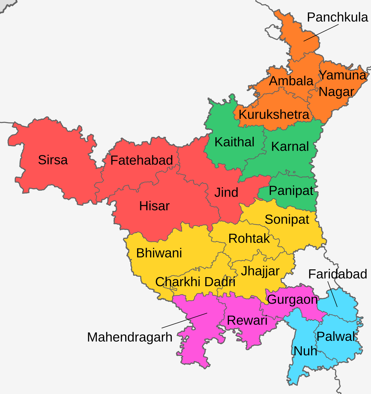 <p>The districts of Haryana that border Punjab are Fatehabad, Ambala, Kurukshetra, Jind, and Sirsa, Panchkula,Kaithal</p>