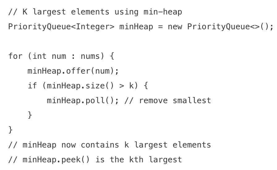 <ul><li><p>finds k largest or smallest elements using heaps (PQ). a min-heap of size k keeps track of k largest elements, and a max-heap keeps k smallest</p></li><li><p>when to use</p><ul><li><p>finding k largest/smallest elements</p></li><li><p>finding kth largest/smallest element</p></li><li><p>finding k most/least frequent elements</p></li><li><p>merging k sorted lists</p></li></ul></li></ul><img src="https://assets.knowt.com/user-attachments/30e15c44-0c54-4424-95d4-32d6fafa8a41.png" data-width="100%" data-align="center"><p></p>