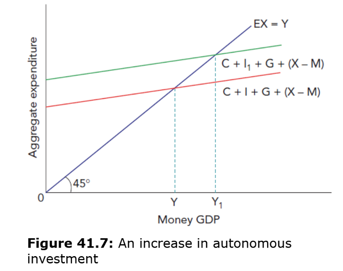 <p>GDP rises by a multiplied amount (from Y to Y₁).</p>