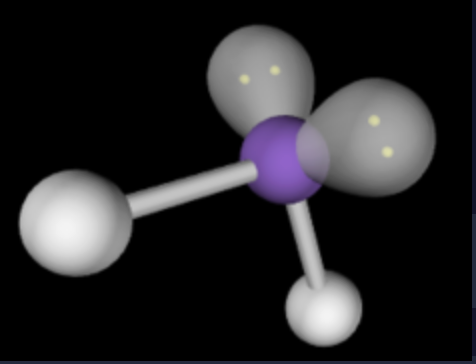 <p>4 electron domains</p><p>2 bonding domains</p><p>2 lone pairs</p><p>less than 109.5 degree angles = smaller than trigonal pyramidal</p>