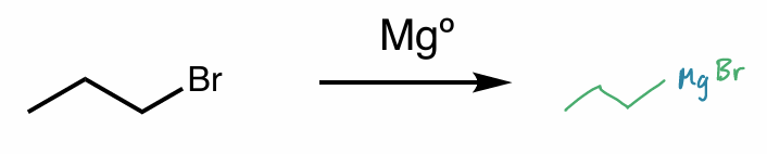 <p><span style="color: red;">R</span>MgX</p><ul><li><p>Mg is “inserted” between R—X </p></li><li><p>X = halide </p><ul><li><p>“ R<sup>-</sup> Mg<sup>+</sup>X “ </p></li></ul></li></ul><p></p>