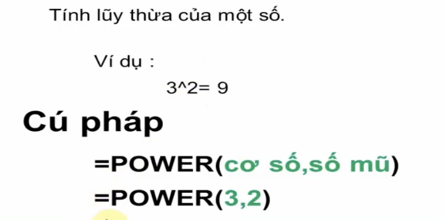 <p>=POWER(number;power)</p><p>.number: số cơ sở</p><p>.power: số mũ</p>