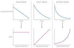 <p>• A downward curve with a constant half-life.</p><p>• The concentration takes the same time to halve however far through the reaction you start.</p>