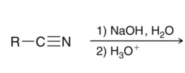 <p>nitrile + acid and heat OR base and acidic workup</p>