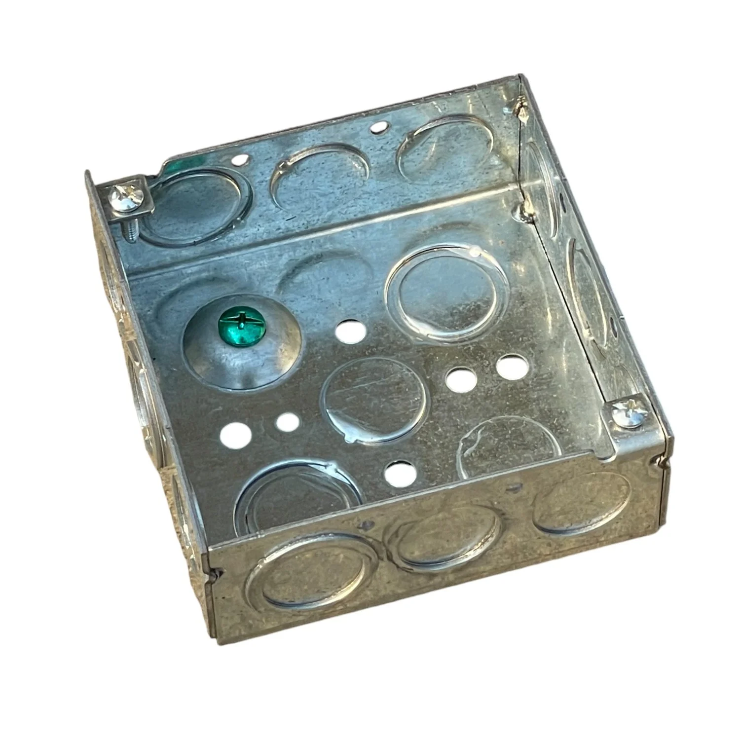 <p>Metal enclosure, typically square or octagonal, used to house and protect electrical wire connections and splices.</p>