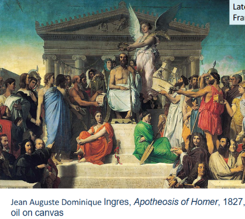 <p><strong>Identification:</strong></p><ul><li><p>Artist: Ingres</p></li><li><p>Title: <em>Apotheosis of Homer</em></p></li><li><p>Date: 1827</p></li><li><p>Movement: Neoclassicism</p></li></ul><p><strong>Historical Context:</strong></p><ul><li><p>This work was created during a period when academic art strongly valued classical Greek and Roman traditions.</p></li><li><p>European institutions believed that ancient culture represented the highest standard of artistic and intellectual achievement.</p></li><li><p>The painting reflects the continued dominance of academic ideals before movements like Realism challenged them.</p></li></ul><p><strong>Style:</strong></p><ul><li><p>The composition is highly ordered and symmetrical, emphasizing clarity and balance.</p></li><li><p>Figures are idealized with perfect proportions rather than realistic imperfections.</p></li><li><p>The use of clean lines and controlled forms reflects the influence of classical sculpture.</p></li></ul><p><strong>Themes:</strong></p><ul><li><p>The painting celebrates intellectual and artistic greatness by placing Homer at the center as a god-like figure.</p></li><li><p>Surrounding figures represent important contributors to Western culture, reinforcing a hierarchy of knowledge.</p></li><li><p>The work emphasizes admiration for tradition, authority, and the legacy of classical antiquity.</p></li></ul><p></p>
