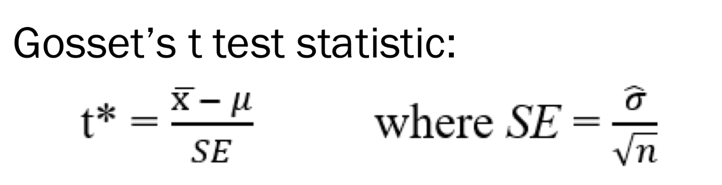 <p>t= X bar - population mean/ SE</p><ul><li><p>SE= estimated population SD/ square root of n</p></li></ul><p></p>
