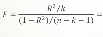 <p>Compared against F- statitsic, if test statistic is smaller then fail to reject, dgf1 = k , dgf2 = n - k - 1 (k = number of independent or explanatory variables)</p>