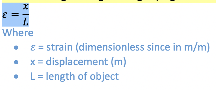 <p>change in original length (also called engineer's strain)</p><ul><li><p>a ratio</p><ul><li><p>compares two lengths</p></li><li><p>dimensionless → i.e. units cancel</p></li></ul></li></ul><p></p>