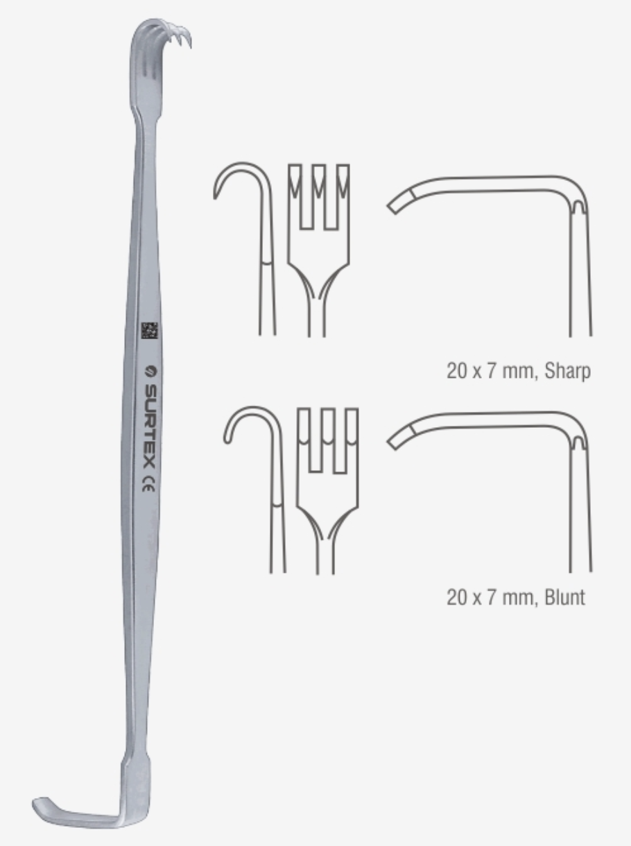 <p>It has three blunt or sharp curved prongs and the other end has a large L shaped hook it is used to retract skin, fat and superficial muscles.</p>
