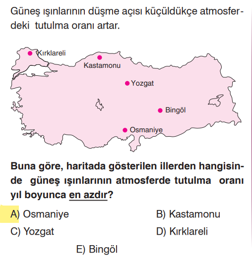 <p>Güneş ışınları ne kadar dik (büyük açıyla) gelirse, atmosferde katettiği yol o kadar kısalır ve enerji kaybı (tutulma) o kadar az olur. Türkiye'de güneş ışınlarını yıl boyunca en dik alan yerler en güneydeki yerlerdir.</p>