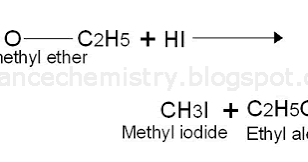 <p>C-O bond breaks to form an alcohol and an alkyl iodide (CH3OCH3 + HI -> CH3I + CH3OH). With heat</p>