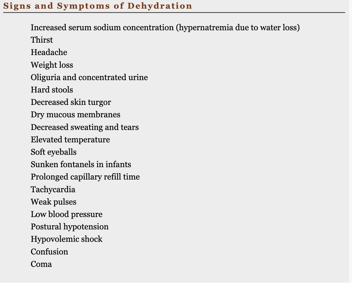 <p><span><strong>“I Think High Water Often Helps During Dry Episodes, So Some People Take Water Low, Providing Help Correcting Cells” for S/S</strong></span></p><p></p><p><strong>Priority nursing actions</strong></p><p><strong>Monitor:</strong></p><ul><li><p>Intake and output (I&amp;O)</p></li><li><p>Daily weights</p></li><li><p>Vital signs with orthostatic measurements</p></li><li><p>Urine characteristics</p></li></ul><p style="text-align: left;"><strong>Safety:</strong></p><ul><li><p>Fall precautions due to orthostatic hypotension and altered mental status</p></li></ul><p style="text-align: left;"><strong>Fluid Replacement:</strong></p><ul><li><p>Oral rehydration solutions (ORS) for mild-moderate dehydration</p></li><li><p>IV crystalloids for severe dehydration or intolerance to oral fluids</p></li></ul><p></p>