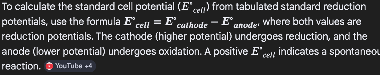 <p>USE THE <strong>REDUCTION</strong> POTENTIAL VALUES FOR THE <em>ANODE</em> AND CATHODE! if u want you can also do E<sub>cell</sub> = E<sub>red</sub> + E<sub>ox</sub> and then for the E<sub>ox </sub>you put the oxidation potential (the given reduction potential FLIPPED)</p>