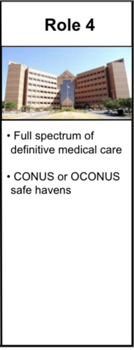 <p>full spectrum and definitive medical care</p><p>CONUS or OCONUS safe havens</p><p>definitive care</p>