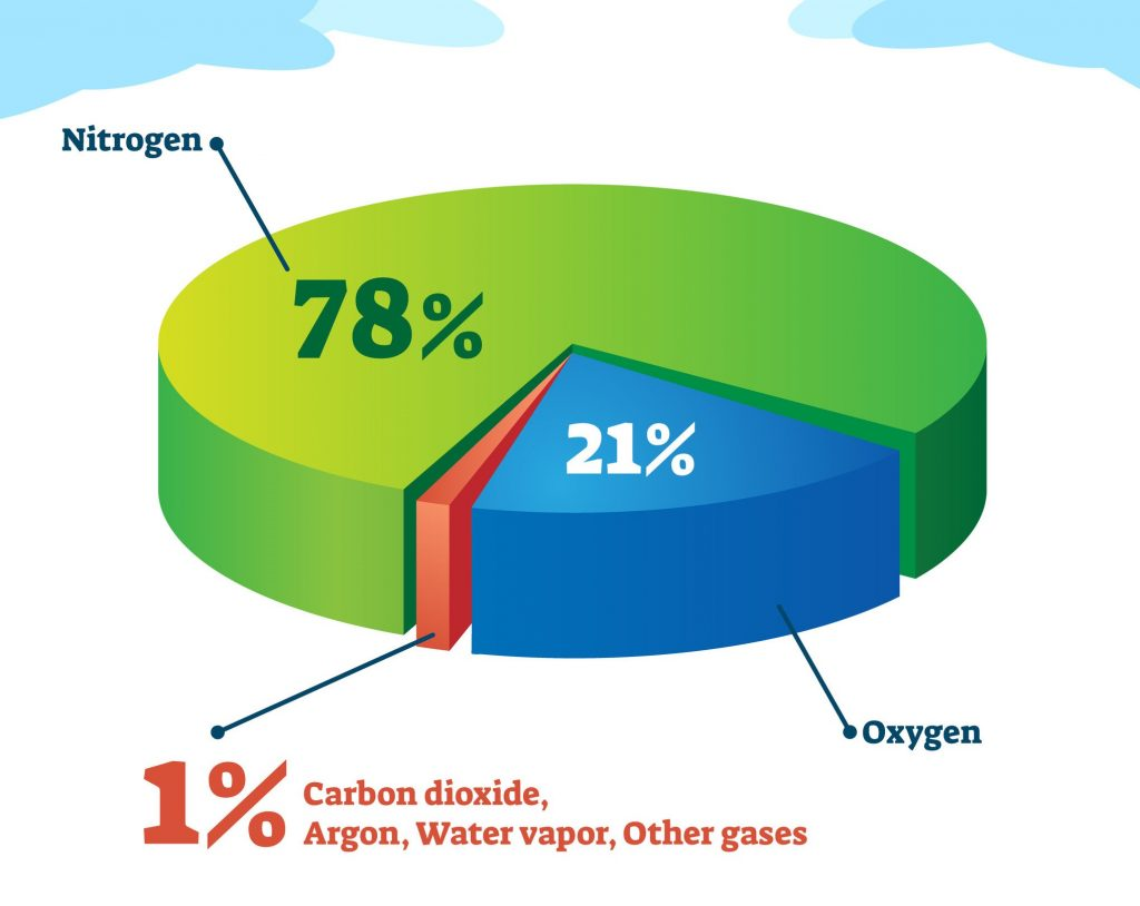 <p>nitrogen - 78%<br>oxygen - 21%<br>argon - 0.9% <br>carbon dioxide - 0.04% <br>water vapour ~0-2%</p>