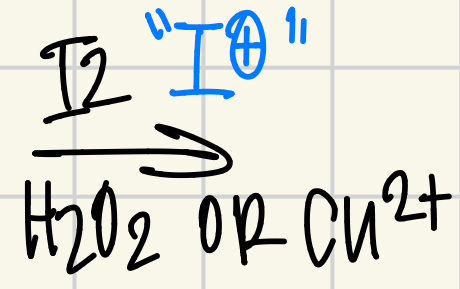<p>I<sub>2</sub>/H<sub>2</sub>O<sub>2</sub> or Cu<sup>2</sup>+ = I+</p>