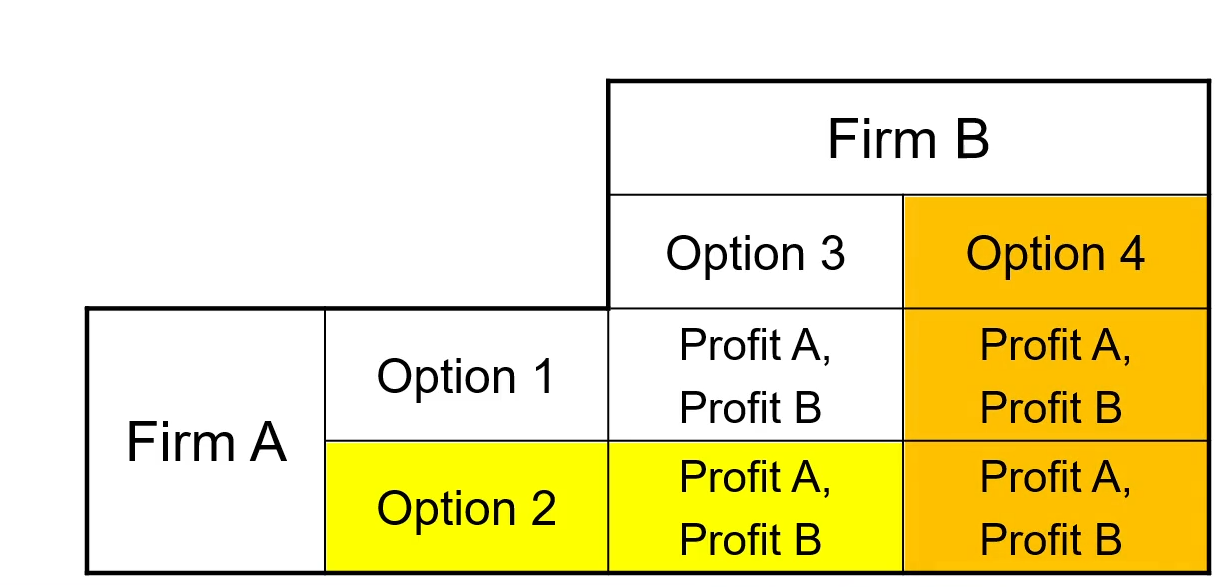 <ul><li><p>We can use a matrix to map out prospective decisions and profits</p></li></ul><p></p>