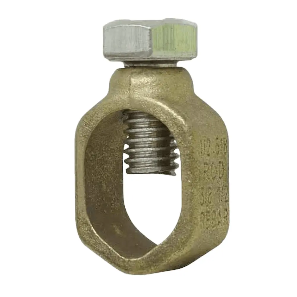 <p>Metal clamp used to securely attach a grounding wire to a ground rod, reinforcing bar, or metal water pipe, ensuring safe electrical grounding.</p>