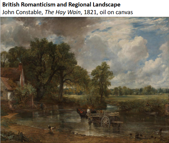 <p><strong>Identification:</strong></p><ul><li><p>Artist: Constable</p></li><li><p>Title: <em>The Hay Wain</em></p></li><li><p>Date: 1821</p></li><li><p>Movement: Romanticism (Landscape)</p></li></ul><p><strong>Historical Context:</strong></p><ul><li><p>The painting depicts a rural scene from the region in England where Constable grew up, reflecting his personal connection to the landscape.</p></li><li><p>It was created during a period of increasing industrialization, when many people were leaving rural areas for cities.</p></li><li><p>Constable’s focus on the countryside reflects a broader sense of nostalgia for traditional rural life.</p></li><li><p>Although the subject appears calm and apolitical, presenting such a scene on a large scale was considered somewhat controversial because it challenged academic expectations.</p></li></ul><p><strong>Style:</strong></p><ul><li><p>The painting is highly detailed, with careful observation of natural elements such as trees, water, and sky.</p></li><li><p>Constable aims for accuracy, attempting to capture the specific look and atmosphere of the landscape.</p></li><li><p>The composition is calm and balanced, with a naturalistic arrangement rather than dramatic emphasis.</p></li><li><p>His style is often described as “picturesque,” meaning it presents an idealized yet believable version of rural life, including cottages and everyday scenery.</p></li></ul><p><strong>Themes:</strong></p><ul><li><p>The painting emphasizes a deep connection to nature and the importance of rural life.</p></li><li><p>It reflects nostalgia for a simpler, pre-industrial world that was beginning to disappear.</p></li><li><p>By depicting an ordinary rural scene on a large scale, Constable elevates the everyday landscape to a subject worthy of serious art.</p></li><li><p>The work can be seen as a subtle challenge to academic standards, which traditionally prioritized historical or mythological subjects.</p></li><li><p>It contrasts with artists like Turner, whose landscapes are more dramatic and focused on the power and chaos of nature.</p></li></ul><p></p>