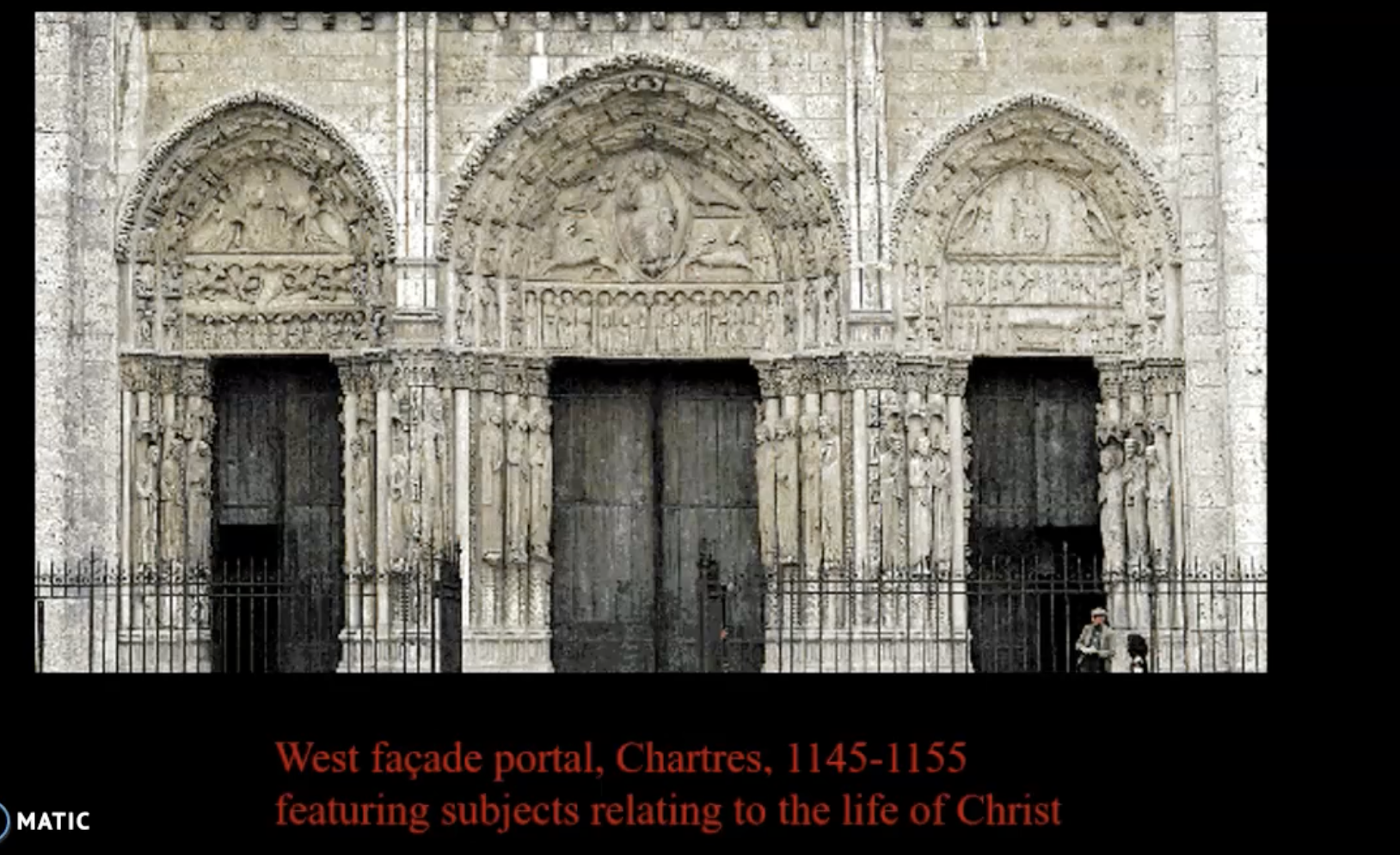 <p>West façade portal, Chartres, 1145-1155 featuring subjects relating to the life of Christ</p>
