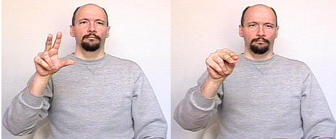 <p>right hand use two fingers tap them to thumb twice and shake head no</p>