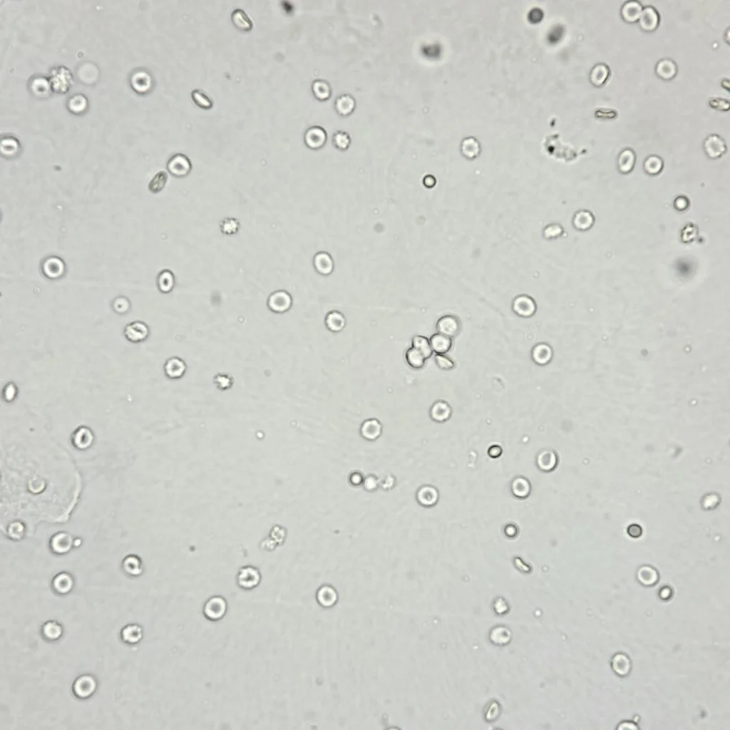 <p>Red blood cells appear as small round pale yellow to red discs without a nucleus.</p>