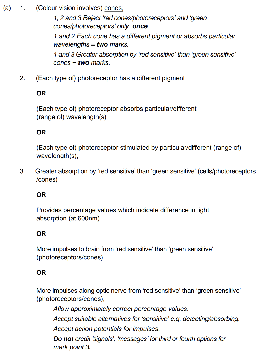 <ul><li><p>colour vision involves <u>cones</u></p></li><li><p>each photoreceptor has diff pigment/absorbs diff wavelengths</p></li><li><p>80% max absorption</p></li></ul><p></p>