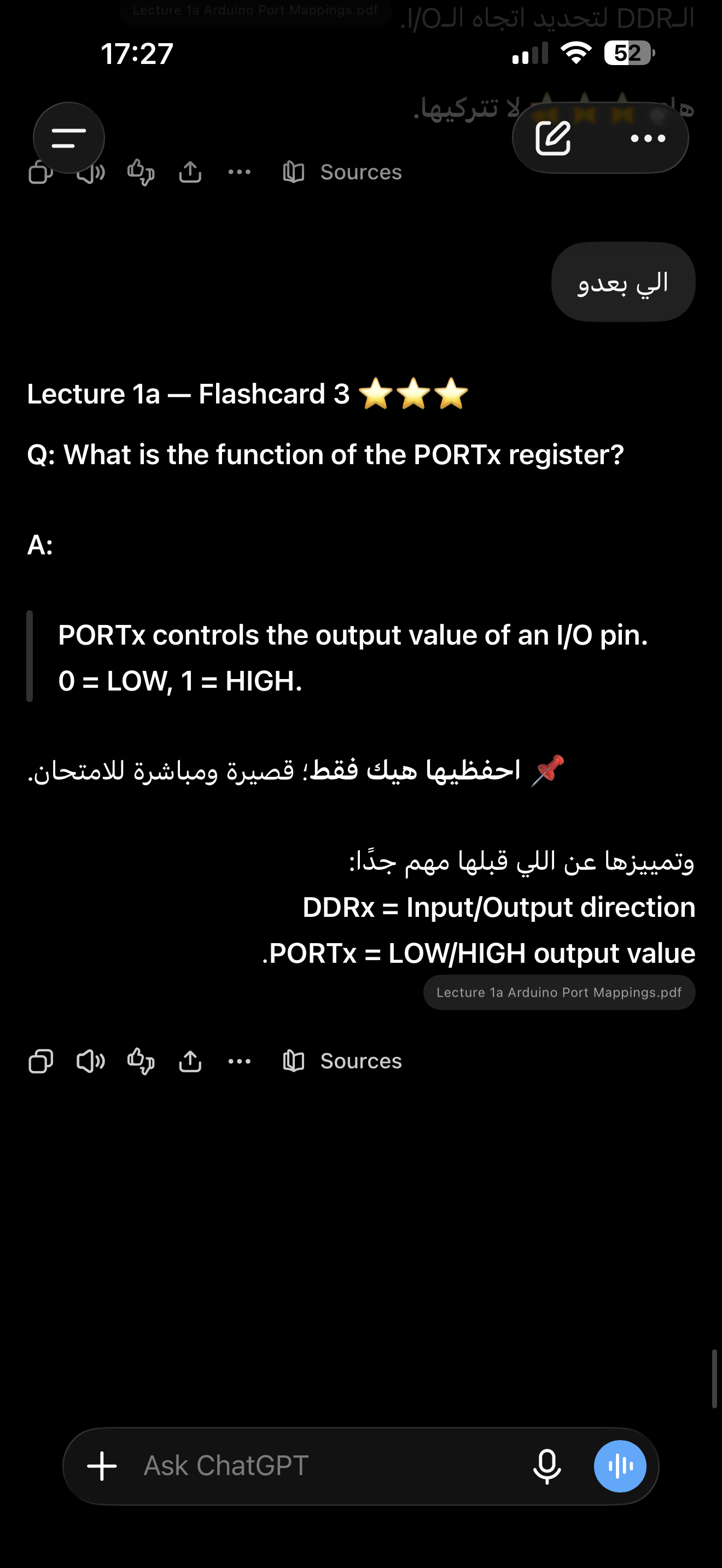 <p><strong>PORTx controls the output value of an I/O pin.</strong><br><strong>0 = LOW, 1 = HIGH.</strong></p>