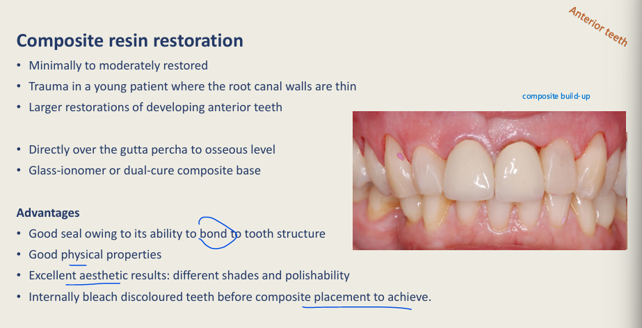 <ul><li><p>Minimally to moderately restored, trauma in young patient where the root canal walls are <strong>thin</strong>, Larger restorations of developing ant teeth</p></li><li><p>Directly over the GP, to osseous level, GIC or dual-core composite base</p></li></ul><p></p>