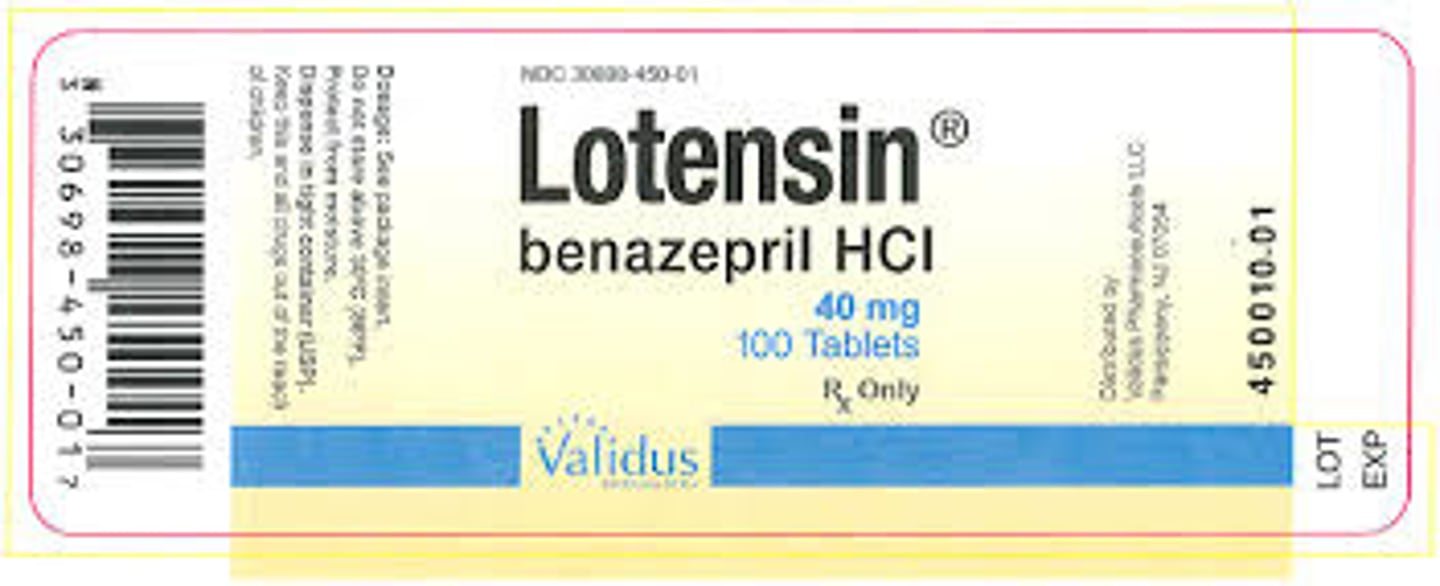 <p>Generic Name: Benazepril</p><p>Therapeutic Class: ACE Inhibitor</p><p>Indication: High blood pressure</p>