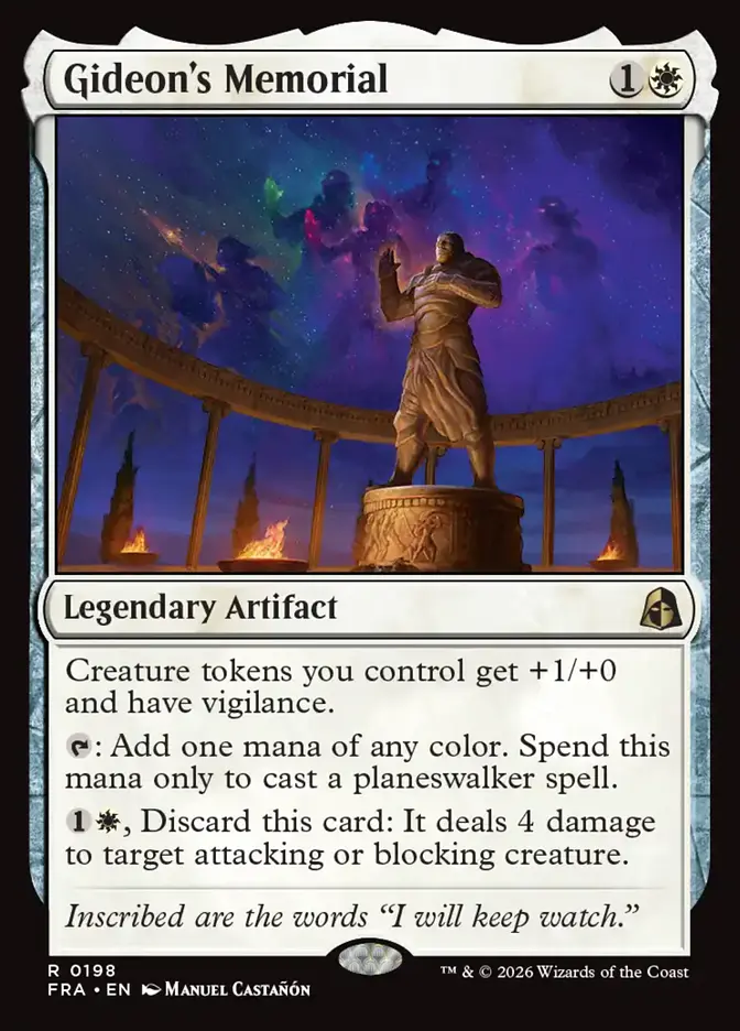 <p>Creature tokens you control get +1/+0 and have vigilance.</p><p>{T}: Add one mana of any color. Spend this mana only to cast a planeswalker spell.</p><p>{1}{W}, Discard this card: It deals 4 damage to target attacking or blocking creature.</p>