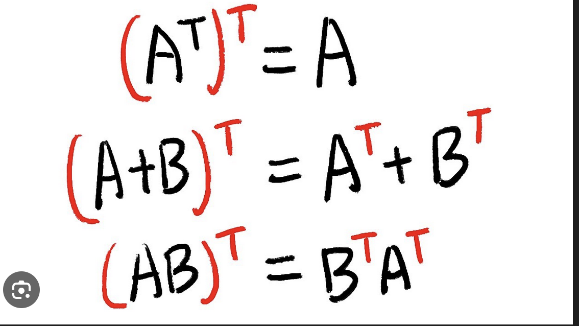 <p>(AB)<sup>T</sup> = B<sup>T</sup> A<sup>T </sup> order specific ofc! </p>