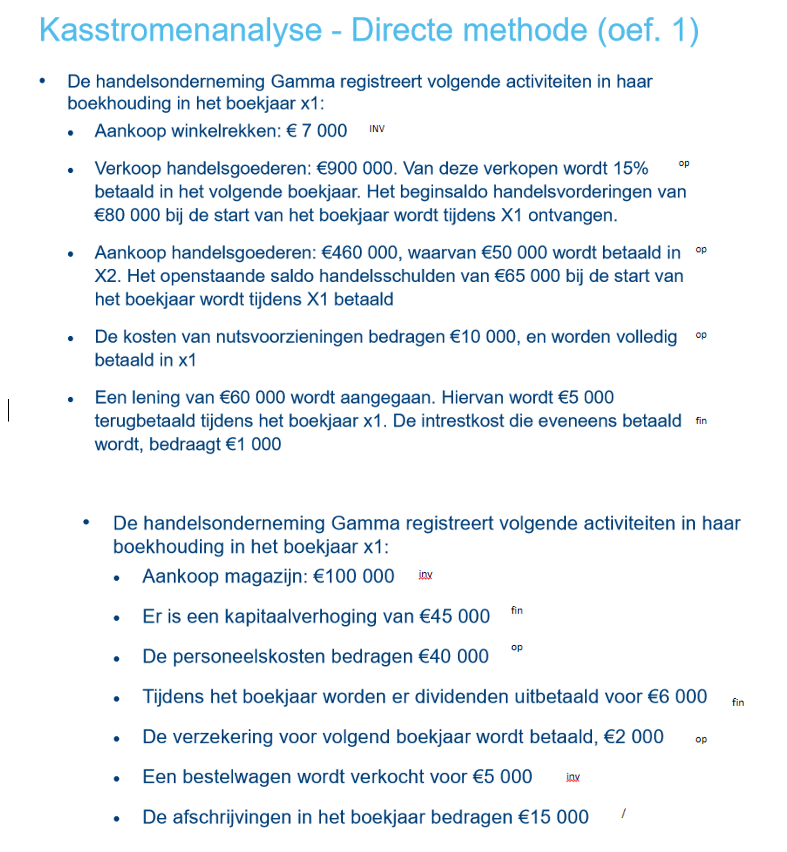 <ol><li><p>Stel de kasstroom volgens de directe methode op in het jaar x1, en maak een onderscheid tussen kasstromen uit operationele activiteiten, investeringsactiviteiten en financieringsactiviteiten. Interpreteer de kasstromen</p></li><li><p>Hoeveel bedraagt het eindsaldo van liquide middelen, als het beginsaldo 40 000 euro bedraagt bij de start van het boekjaar,</p></li><li><p>Interpreteer de kasstromen</p></li></ol><p></p>