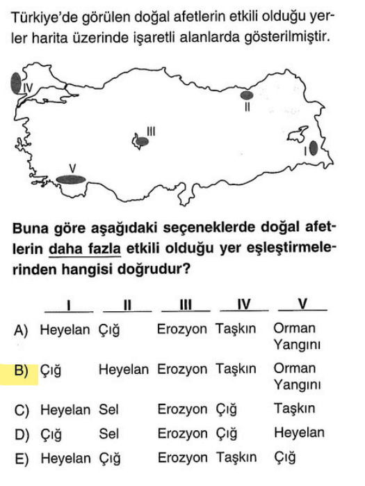 <p>Doğu Anadolu (I) = <strong>Çığ</strong> (Kar ve dağ çok).</p><p>Karadeniz (II) = <strong>Heyelan</strong> (Yağış ve eğim çok).</p><p>İç Anadolu (III) = <strong>Erozyon</strong> (Ağaç yok, rüzgar çok).</p><p>Ege/Akdeniz (V) = <strong>Orman Yangını</strong> (Yaz sıcaklığı çok).</p>