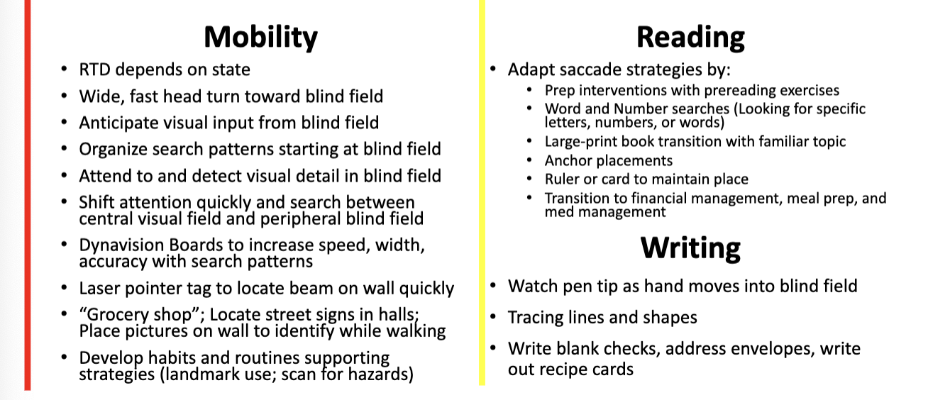 <p>Visual field eval and intervention</p>