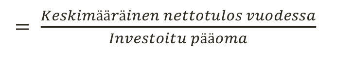 <p>keskimääräinen nettotulos vuodessa jaettuna investoidulla pääomalla</p>