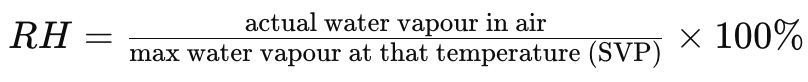 <p>Absolute humidity/the SVP of water at that temp, or,</p><p>The ratio of the mass of water vapour in a given volume of air compared with the mass that would be required to saturate that given volume of air at the same temp.</p>