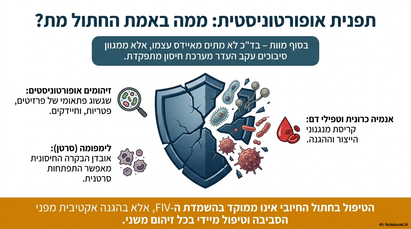 <ul><li><p><strong>סיבת התמותה:</strong> החתולים אינם מתים ישירות מנגיף האיידס אלא ממגוון סיבוכים קשים המתפתחים בשל היעדר מוחלט של הגנה חיסונית.</p></li><li><p><strong>הסיבוכים המרכזיים בהתקדמות המחלה:</strong></p><ol><li><p><strong>זיהומים אופורטוניסטיים (ניצוליים):</strong> התפרצות של פרזיטים (טפילים), פטריות וחיידקים המנצלים את קריסת מערכת החיסון.</p></li><li><p><strong>לימפומה:</strong> התפתחות של גידולים סרטניים קשים.</p></li><li><p><strong>אנמיה כרונית וטפילי דם</strong>.</p></li></ol></li></ul><p></p>