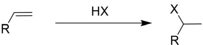 <ul><li><p>Two-Step Reaction</p></li><li><p>Markovnikov’s Rule</p></li><li><p>Carbocation Rearrangements Possible</p></li></ul><p></p>