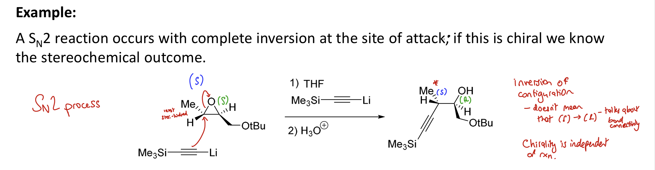 <p>Stereo<strong>specific</strong></p><p>complete inversion of stereochem if starting material is chiral</p>