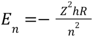 <p>One-electron atoms that are ionized to have only one electron use a modified equation from the one used for hydrogen atoms.</p><ul><li><p>Z is the atomic number, aka the number of protons</p></li><li><p>hR is another Rydberg constant, found by multiplying the Rydberg constant for frequency (1.097 × 10<sup>7</sup> m<sup>-1</sup>) by the Planck constant h and the speed of light c, or by multiplying the Rydberg constant for wavelength by just the Planck constant.</p></li></ul><p><em>This is E in the Schrödinger equation.</em></p>