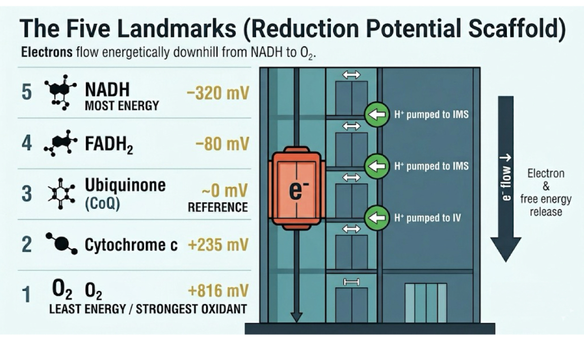 <p>Top (most energy, strongest reductant)</p><ul><li><p>NADH → -320 mV</p></li></ul><ul><li><p>FADH2 → -80 mV</p></li><li><p>Ubiquinone (CoQ) → 0 mV</p></li><li><p>Cytochrome C → +235 mV</p></li><li><p>O<sub>2</sub> → +816 mV</p></li></ul><p>Bottom (least energy, strongest oxidant)</p><p></p>