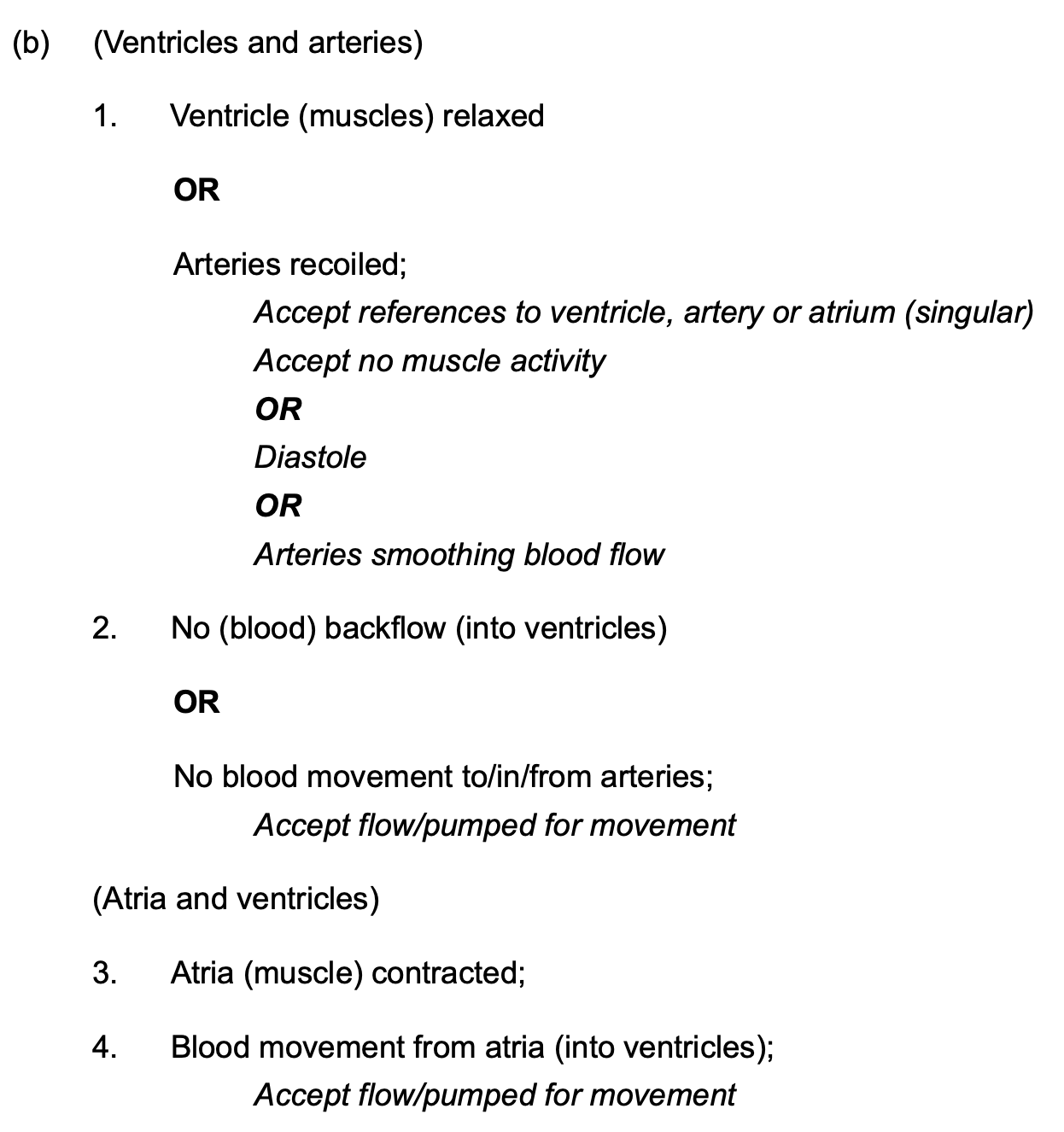 <ol><li><p>ventricles and arteries:</p></li></ol><ul><li><p>ventricles relaxed</p></li><li><p>no backflow into ventricles</p></li></ul><p></p><ol start="2"><li><p>atria and ventricles:</p></li></ol><ul><li><p>atria contracted</p></li><li><p>blood movement from atria into ventricles</p></li></ul><p></p>