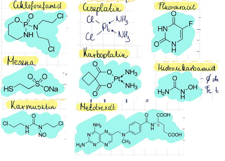 <p>ciklofoszfamid (Endoxan) <br>meszna (Uromitexan) <br>karmusztin <br>karboplatin <br>hidroxikarbamid (Litalir) <br>fluorouracil (Efudix) <br>metotrexát <br><br><br><br><br></p>