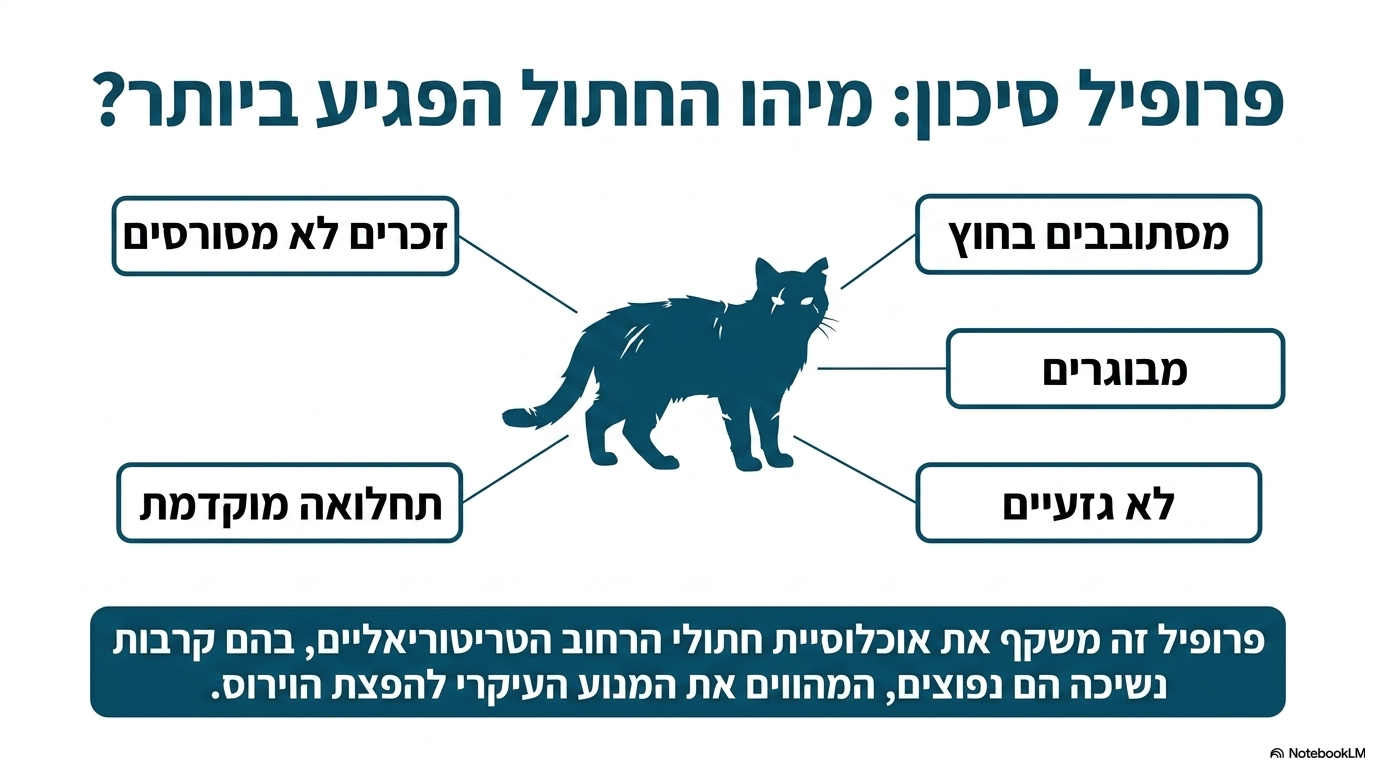 <ul><li><p><strong>זכרים</strong>.</p></li><li><p>חתולים <strong>אינם מסורסים</strong>.</p></li><li><p>חתולים ש<strong>מסתובבים מחוץ לבית</strong>.</p></li><li><p>חתולים שעברו את גיל <strong>הבגרות המינית</strong> (קיימת נטייה מובהקת לחתולים מבוגרים).</p></li><li><p>חתולים <strong>אינם גזעיים</strong> (חתולי רחוב/מעורבים).</p></li><li><p>חתולים ש<strong>חולים מלכתחילה במחלה אחרת</strong>.</p></li></ul><p></p>