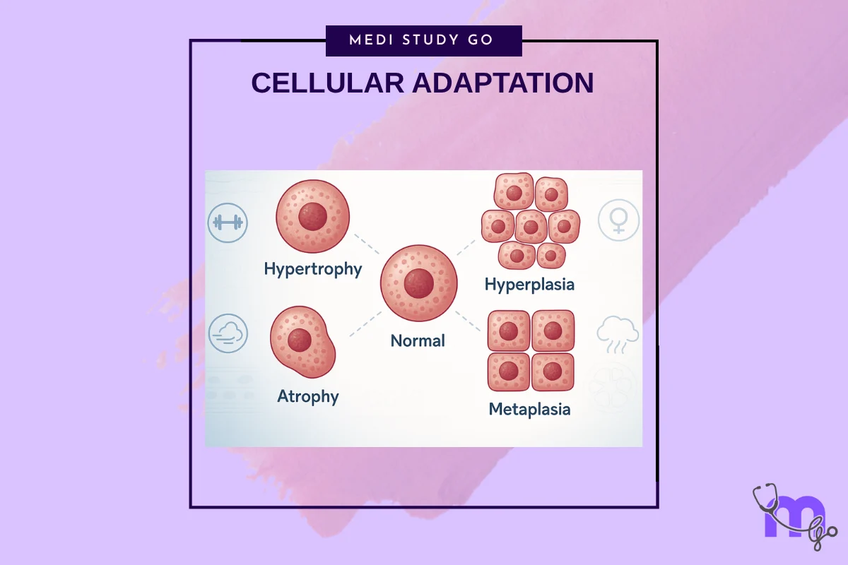 <p>An increase in cell size, leading to an enlarged organ (ex: skeletal muscle growth or hypertrophy due to high blood pressure)</p>